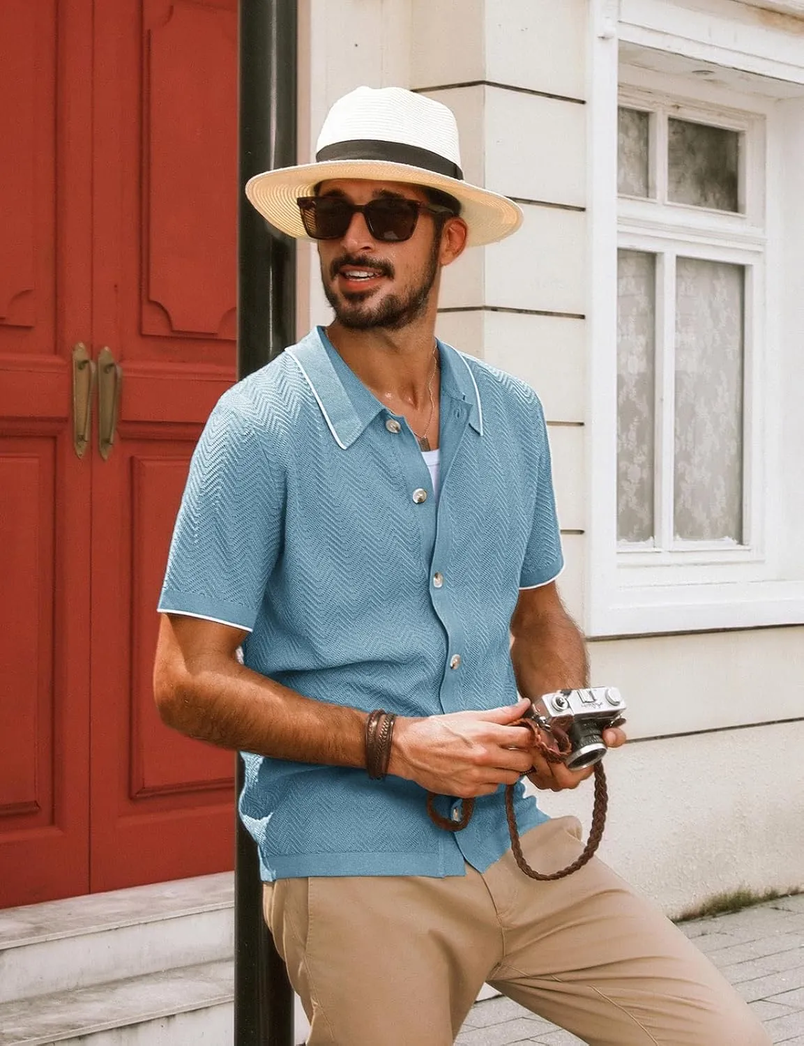 PJ PAUL JONES Men's Knit Polo Shirt Short Sleeve Button Down Shirt Vintage Summer Beach Shirts