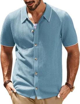 PJ PAUL JONES Men's Knit Polo Shirt Short Sleeve Button Down Shirt Vintage Summer Beach Shirts