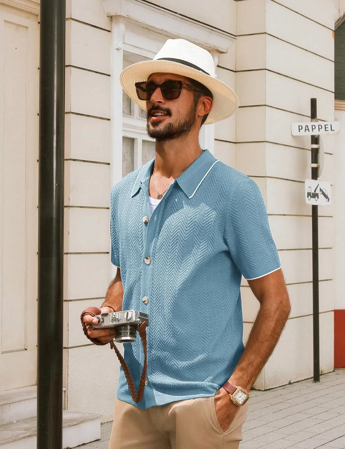 PJ PAUL JONES Men's Knit Polo Shirt Short Sleeve Button Down Shirt Vintage Summer Beach Shirts