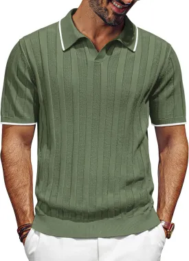 PJ PAUL JONES Mens Polo Shirts Textured Knit V-Neck Summer Shirts