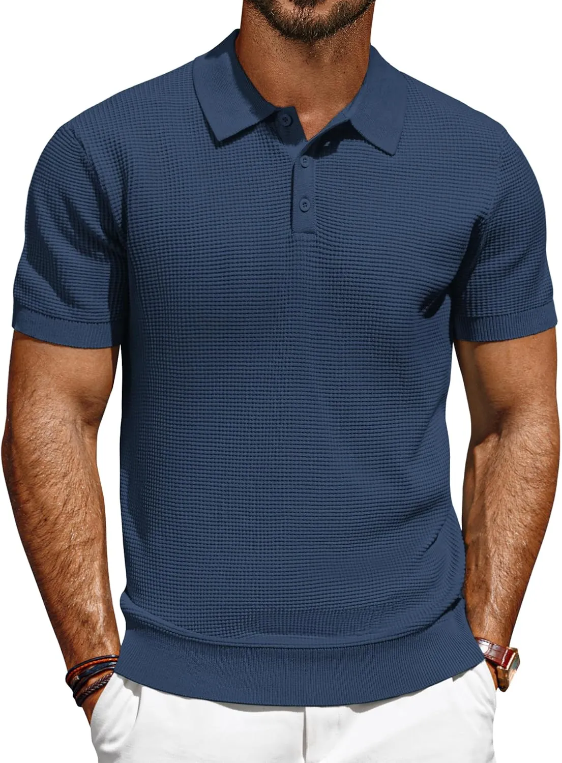 PJ PAUL JONES Polo Shirts for Men Short Sleeve Casual Knit Waffle Texture Polo Golf Shirt