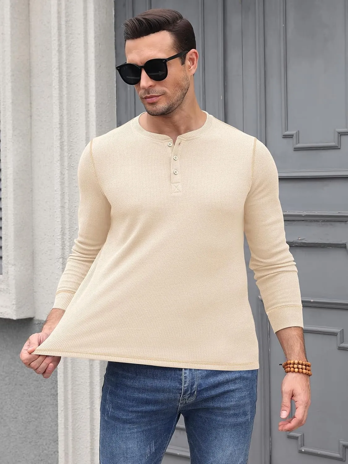 RQP Mens Henley Long Sleeve Waffle Knit Tee Fashion Button Fall Shirts