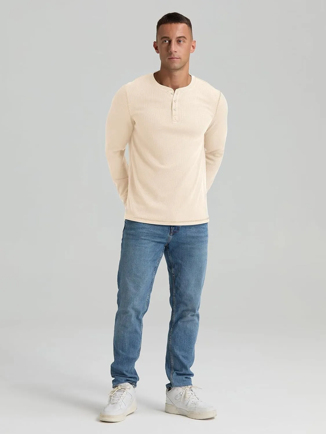 RQP Mens Henley Long Sleeve Waffle Knit Tee Fashion Button Fall Shirts