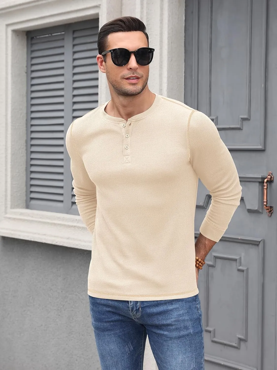 RQP Mens Henley Long Sleeve Waffle Knit Tee Fashion Button Fall Shirts