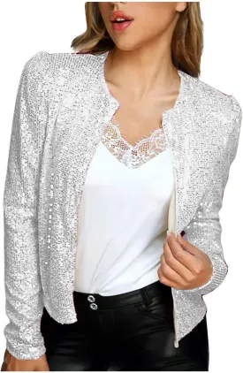 Ruziyoog Women's Sequin Jacket Casual Long Sleeve Bomber Jackets Blazer Open Front Lightweight Cardigan for Party Evening