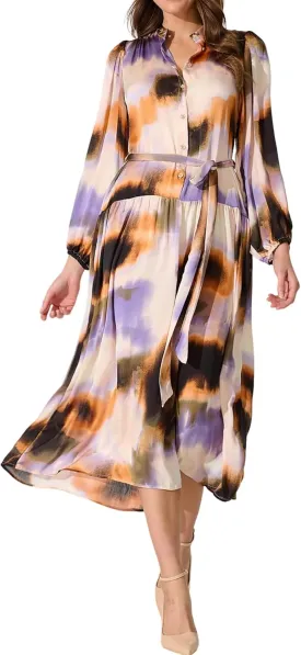 R.Vivimos Womens Long Sleeve Tie Dye Henley V Neck Button Up Loose Flowy Midi Dress with Belt