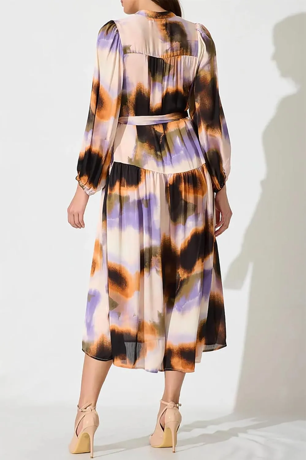 R.Vivimos Womens Long Sleeve Tie Dye Henley V Neck Button Up Loose Flowy Midi Dress with Belt
