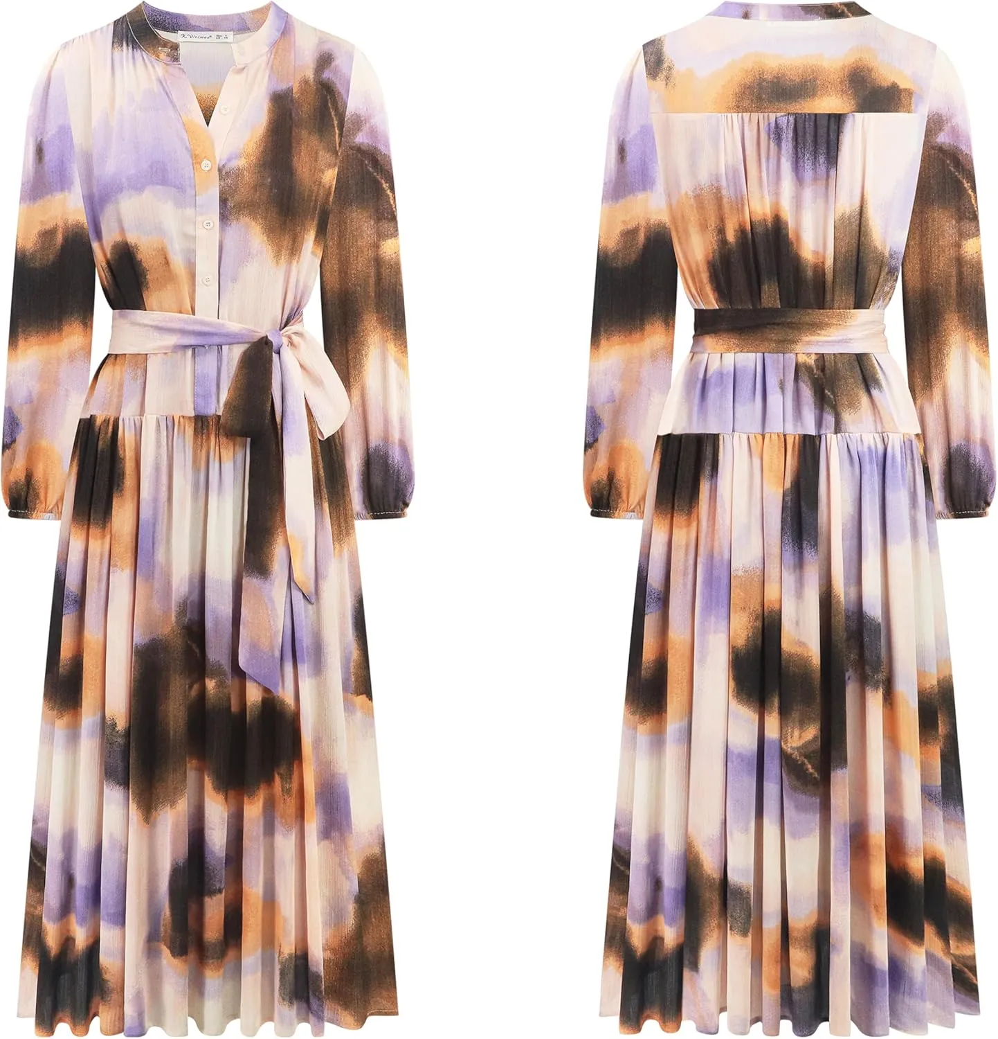 R.Vivimos Womens Long Sleeve Tie Dye Henley V Neck Button Up Loose Flowy Midi Dress with Belt