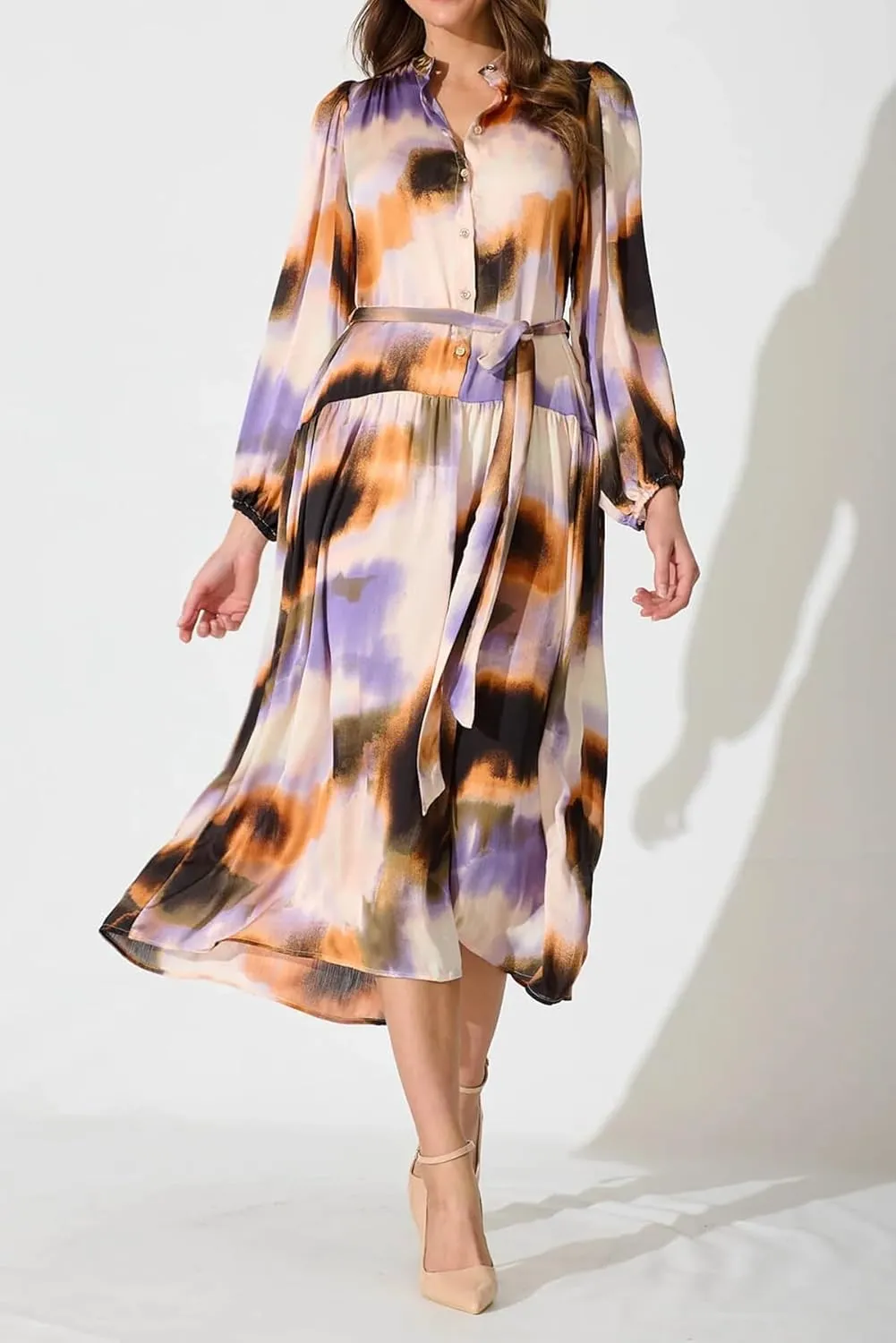 R.Vivimos Womens Long Sleeve Tie Dye Henley V Neck Button Up Loose Flowy Midi Dress with Belt