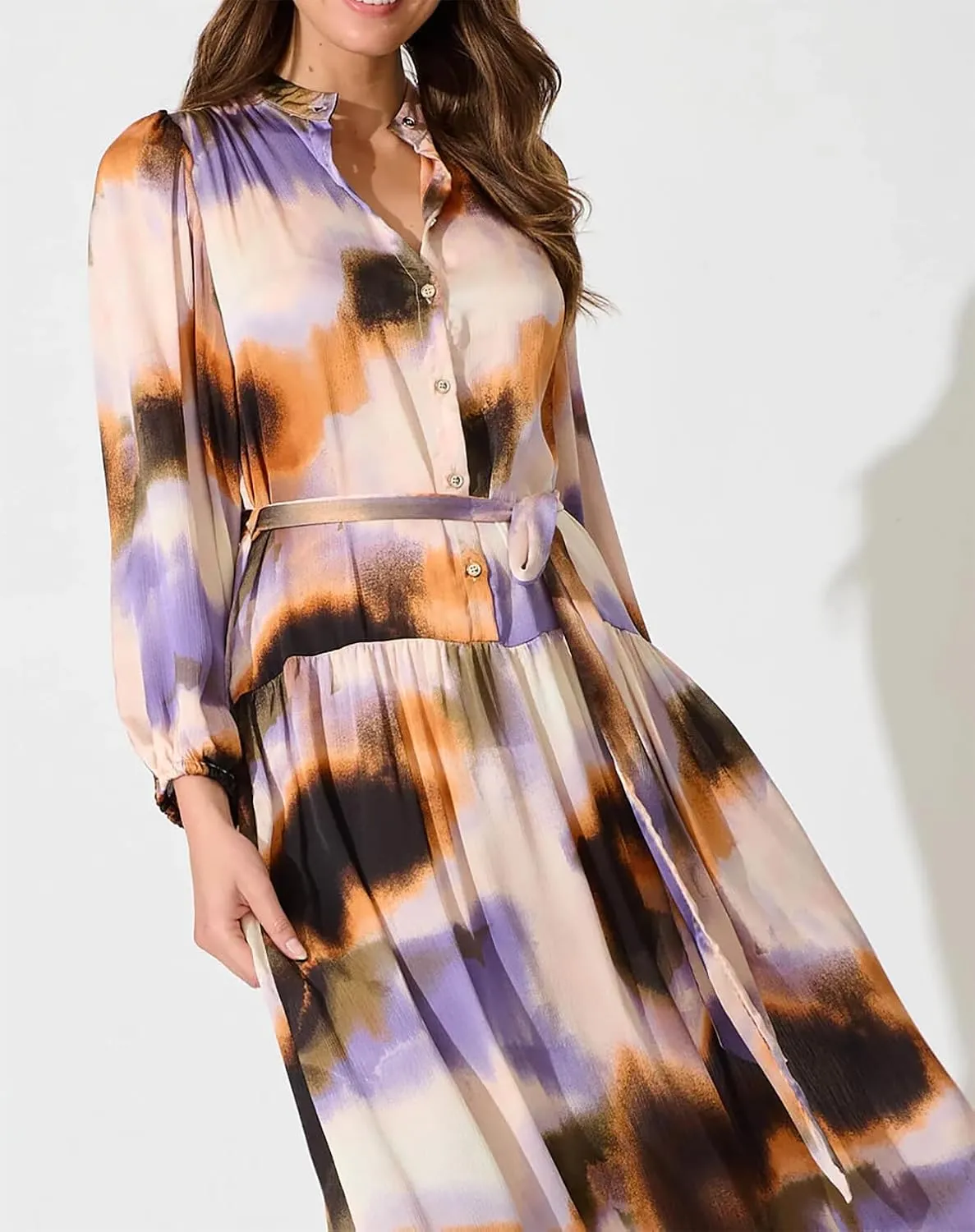 R.Vivimos Womens Long Sleeve Tie Dye Henley V Neck Button Up Loose Flowy Midi Dress with Belt