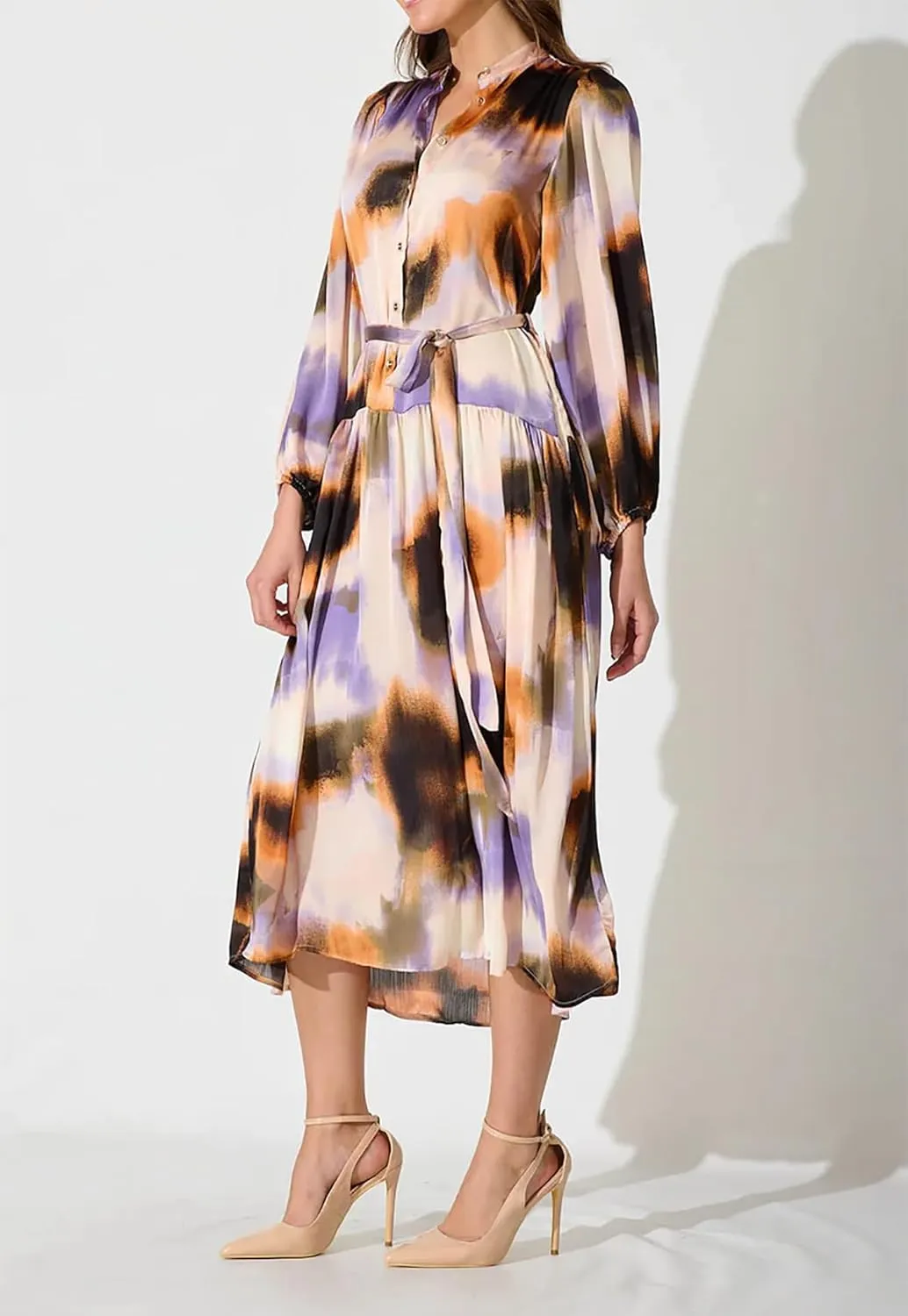 R.Vivimos Womens Long Sleeve Tie Dye Henley V Neck Button Up Loose Flowy Midi Dress with Belt
