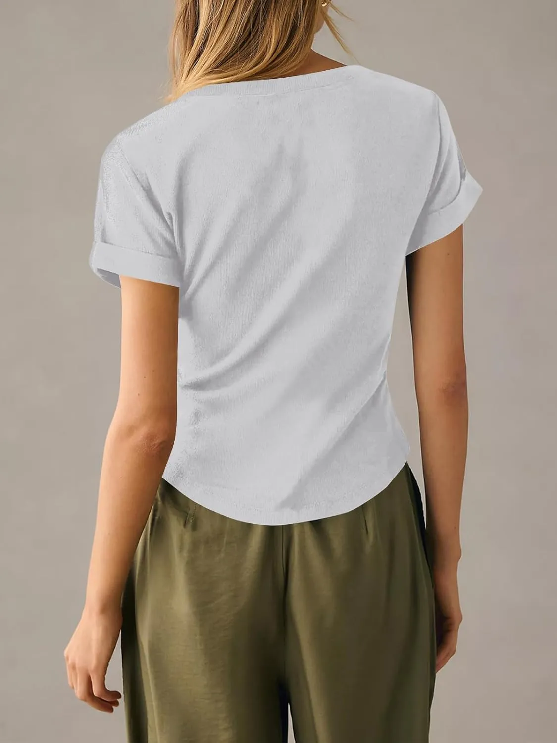 Tankaneo Women Deep V Neck Low Cut Tops Casual Ribbed Knit Henley T-Shirts Summer Short Sleeve Tees