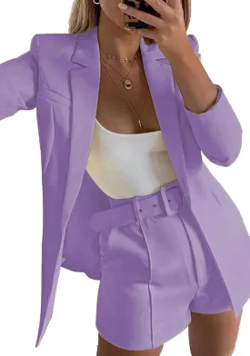 Tcremisa Blazer Shorts Set for Women 2 Piece Long Sleeve Open Front Blazers Short Suits Business Outfits with Belt