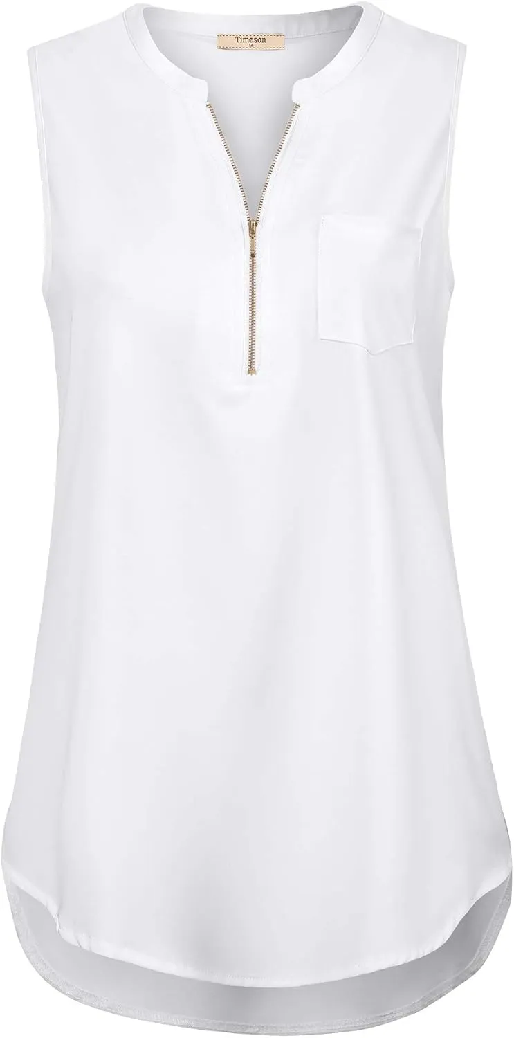 Timeson Women's Casual V Neck Sleeveless Tunics Blouses Chiffon Zipper Tank Tops