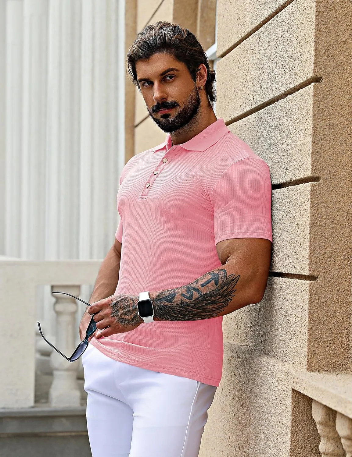 URRU Men's Muscle T Shirts Stretch Short Sleeve Workout Tee Casual Slim Fit Polo Shirt