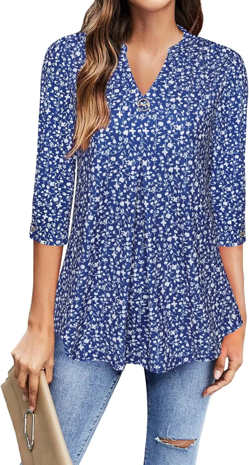 VALOLIA Womens Tops 3/4 Sleeve Shirts V Neck Blouses Dressy Casual Tunic Tops M-XXL