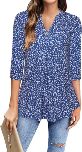 VALOLIA Womens Tops 3/4 Sleeve Shirts V Neck Blouses Dressy Casual Tunic Tops M-XXL