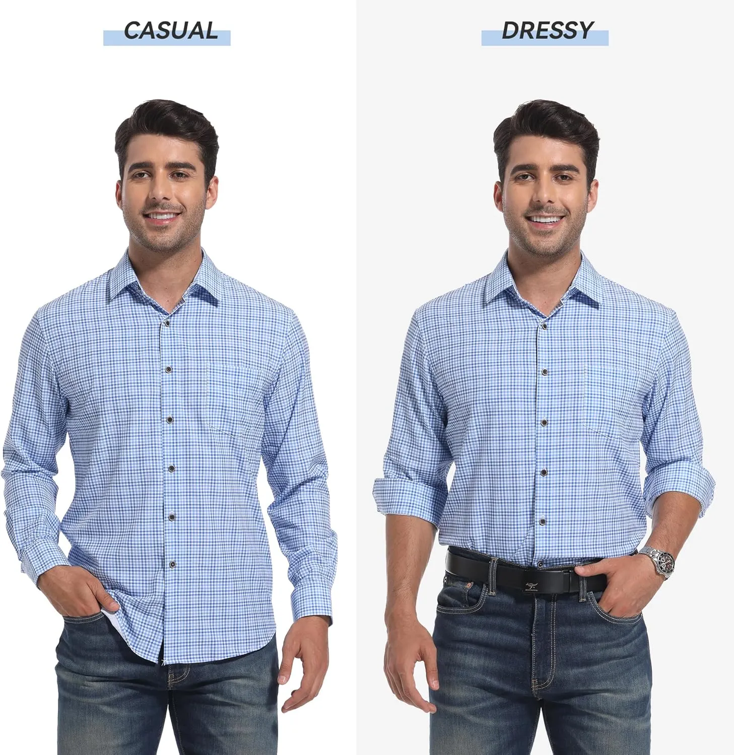 WARHORSEE Mens Casual Button Down Shirts Wrinkle Free 4-Way Stretch Dress Shirs Long Sleeve Plaid Business Shirts for Men