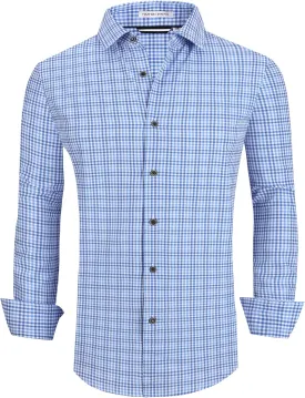 WARHORSEE Mens Casual Button Down Shirts Wrinkle Free 4-Way Stretch Dress Shirs Long Sleeve Plaid Business Shirts for Men