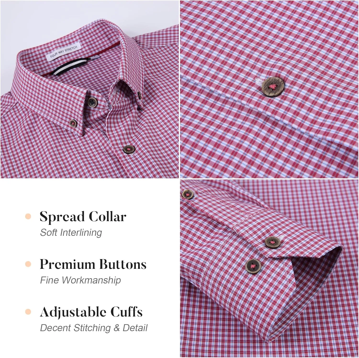 WARHORSEE Mens Casual Button Down Shirts Wrinkle Free 4-Way Stretch Dress Shirs Long Sleeve Plaid Business Shirts for Men