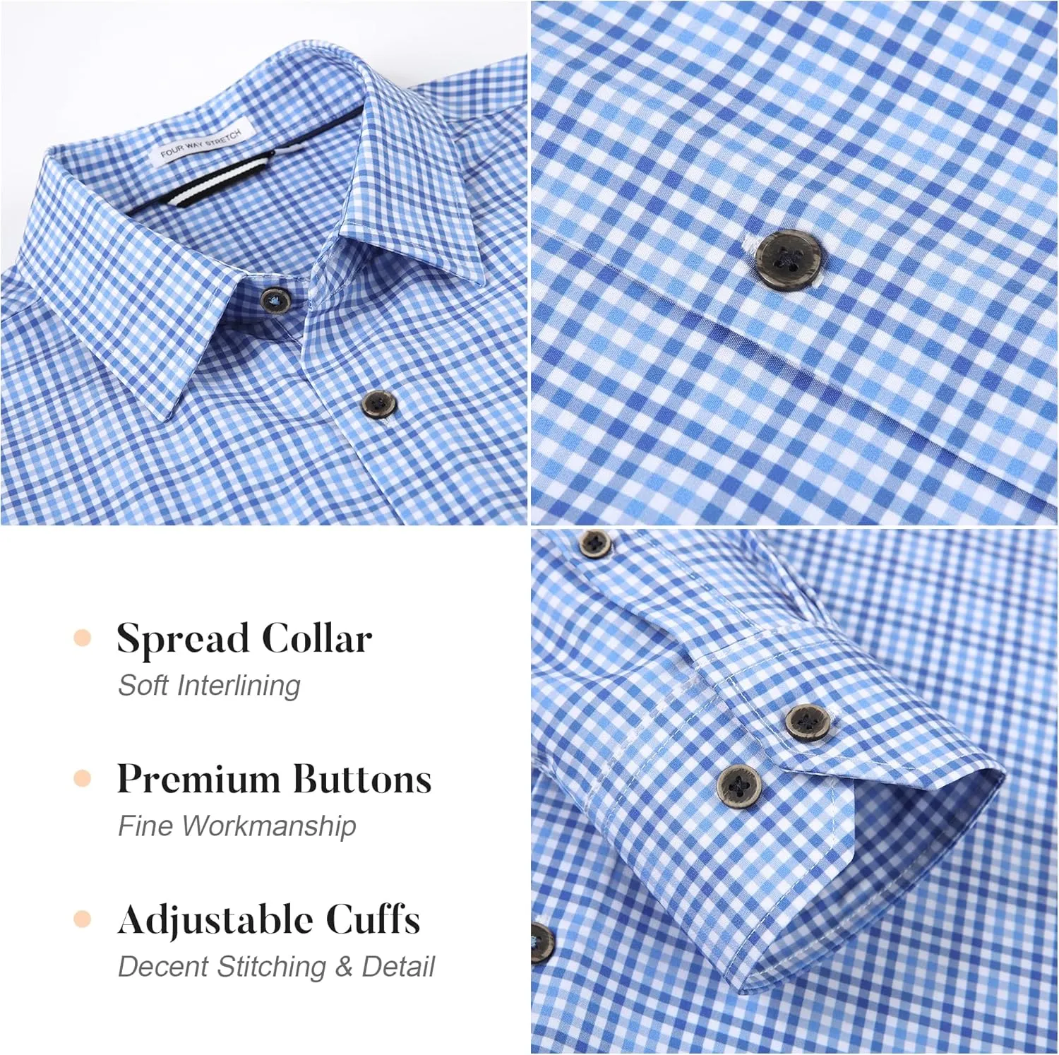 WARHORSEE Mens Casual Button Down Shirts Wrinkle Free 4-Way Stretch Dress Shirs Long Sleeve Plaid Business Shirts for Men