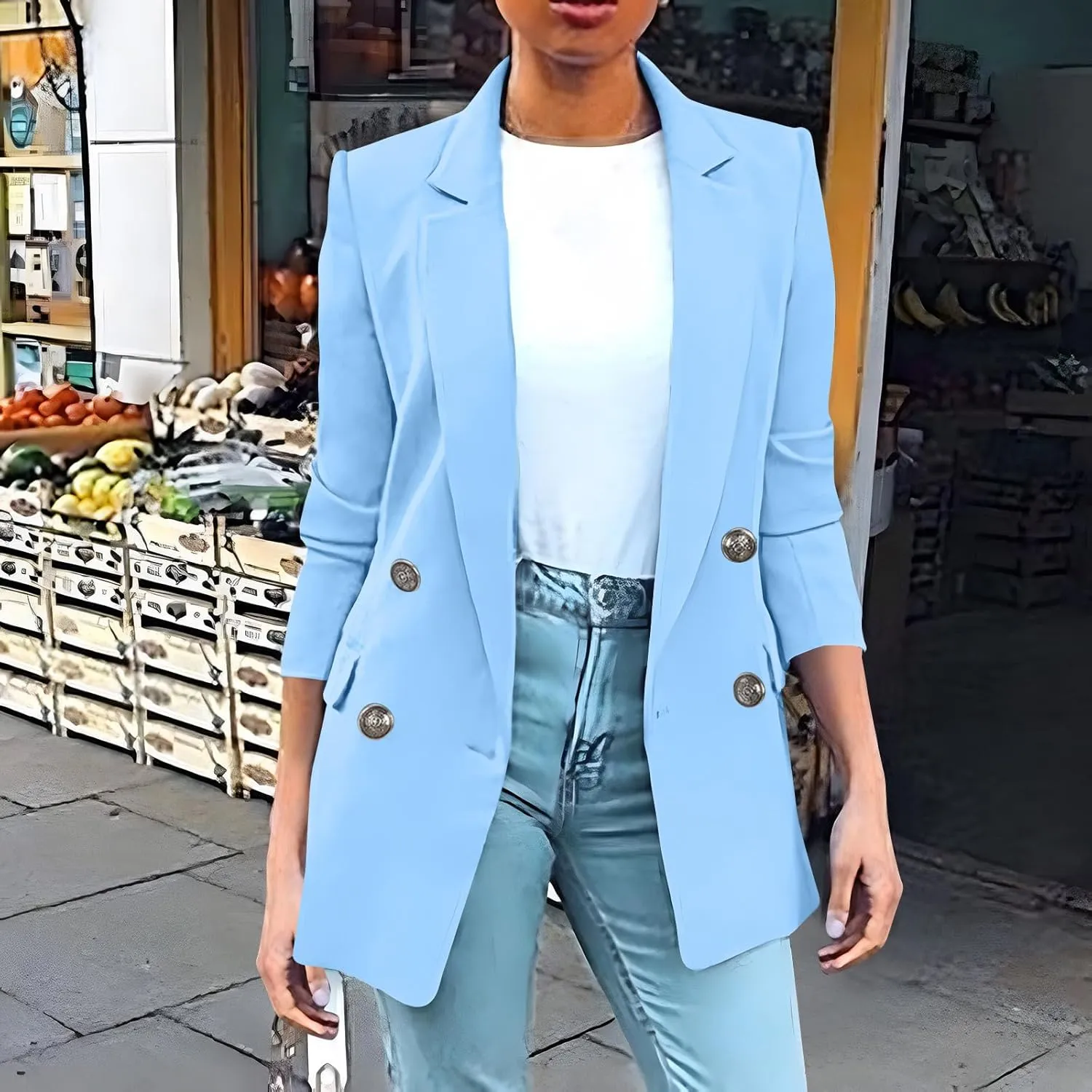 Wkishenl Blazers for Women Casual Long Sleeve Lapel Blazer Jackets Solid Button Open Front Jacket Plus Size Business Coats