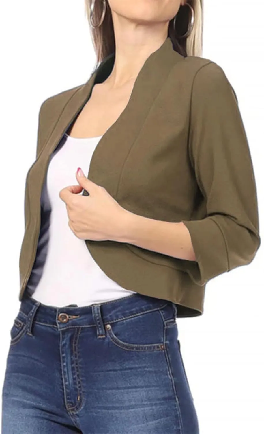 Women 3/4 Sleeve Cropped Blazer Plus Size Open Front Short Jacket Casual Crop Blazer Suit Cute Cardigan Coat Outwear