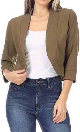 Women 3/4 Sleeve Cropped Blazer Plus Size Open Front Short Jacket Casual Crop Blazer Suit Cute Cardigan Coat Outwear