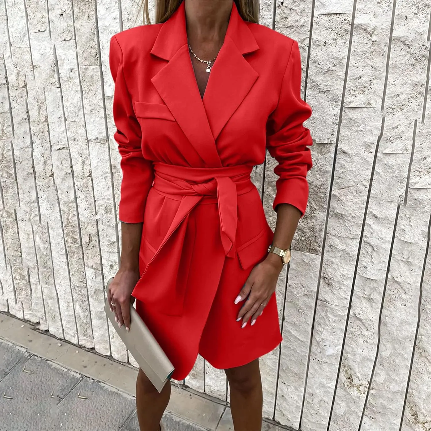 Women Casual Long Suits Jackets Solid Color Turn Down Collar Long Sleeve Slim Fit OL Work Blazer Dress with Belt