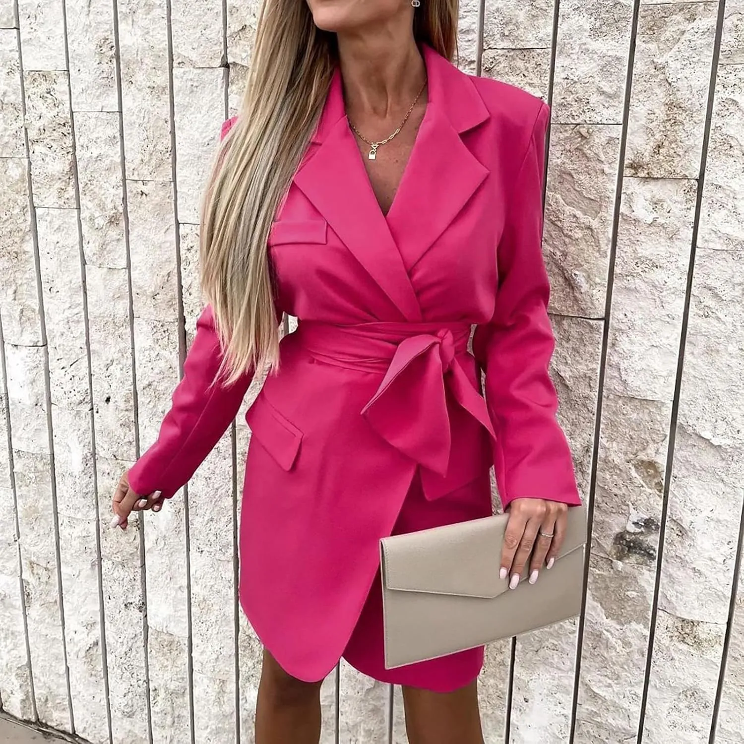 Women Casual Long Suits Jackets Solid Color Turn Down Collar Long Sleeve Slim Fit OL Work Blazer Dress with Belt