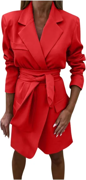 Women Casual Long Suits Jackets Solid Color Turn Down Collar Long Sleeve Slim Fit OL Work Blazer Dress with Belt