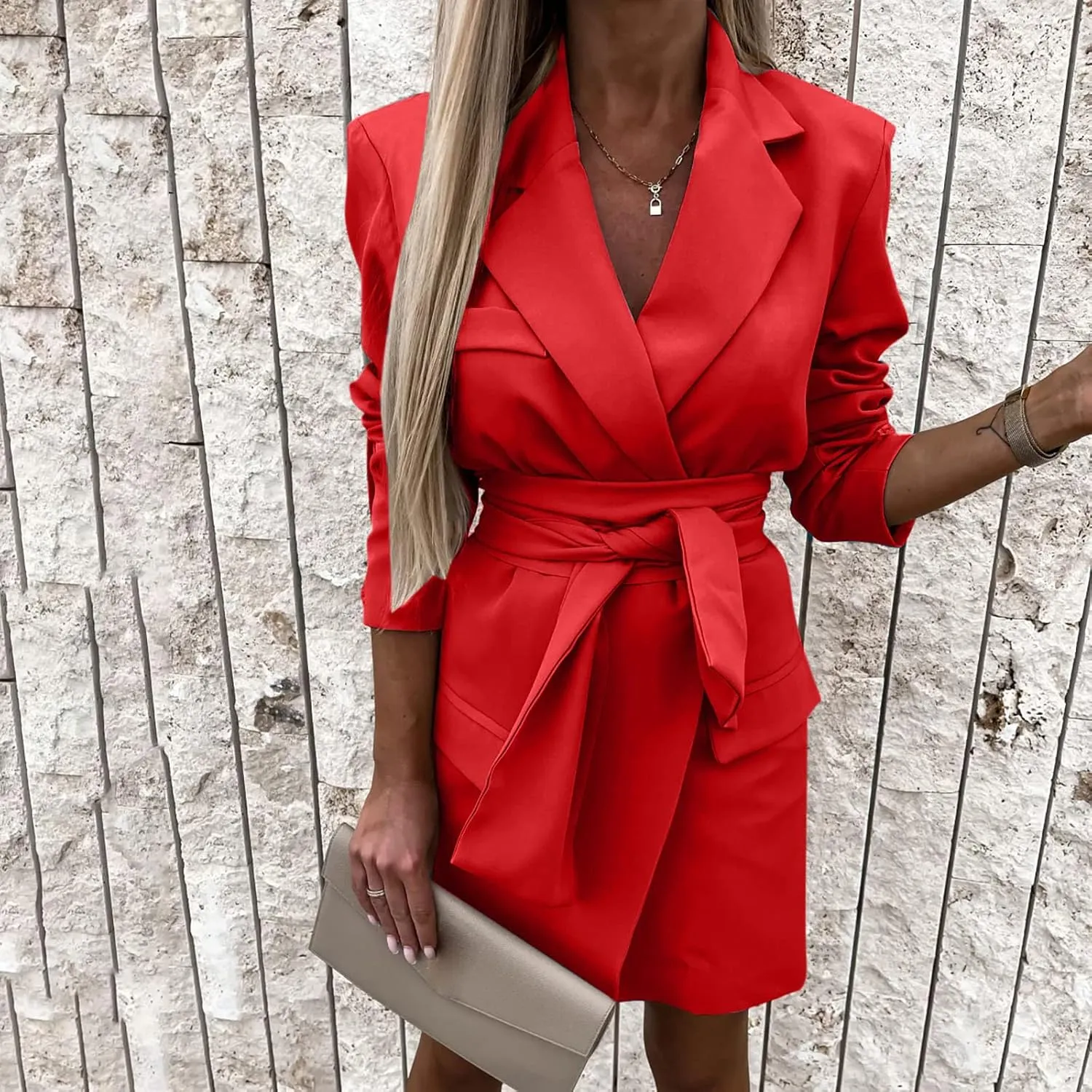 Women Casual Long Suits Jackets Solid Color Turn Down Collar Long Sleeve Slim Fit OL Work Blazer Dress with Belt