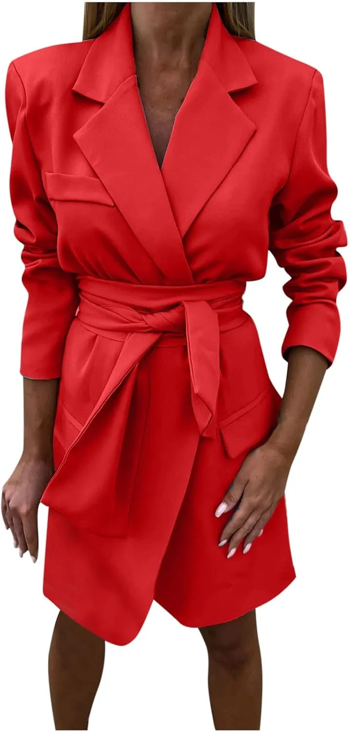 Women Casual Long Suits Jackets Solid Color Turn Down Collar Long Sleeve Slim Fit OL Work Blazer Dress with Belt