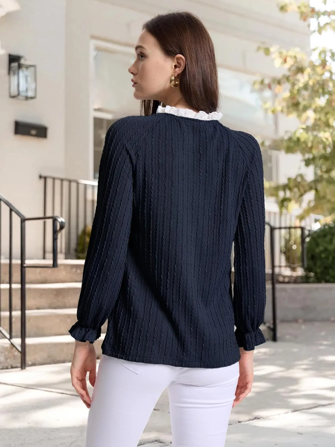 Women Lace Neck Tops Henley Shirts Button Down Tunic Long Sleeve Ruffle Cuffs Blouses Dressy Casual Fall Outfits