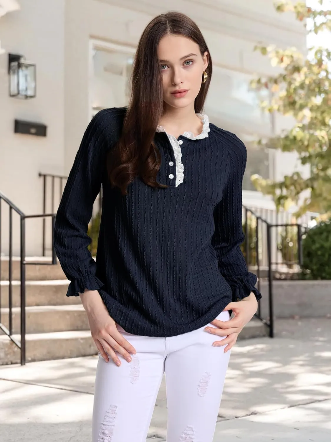 Women Lace Neck Tops Henley Shirts Button Down Tunic Long Sleeve Ruffle Cuffs Blouses Dressy Casual Fall Outfits