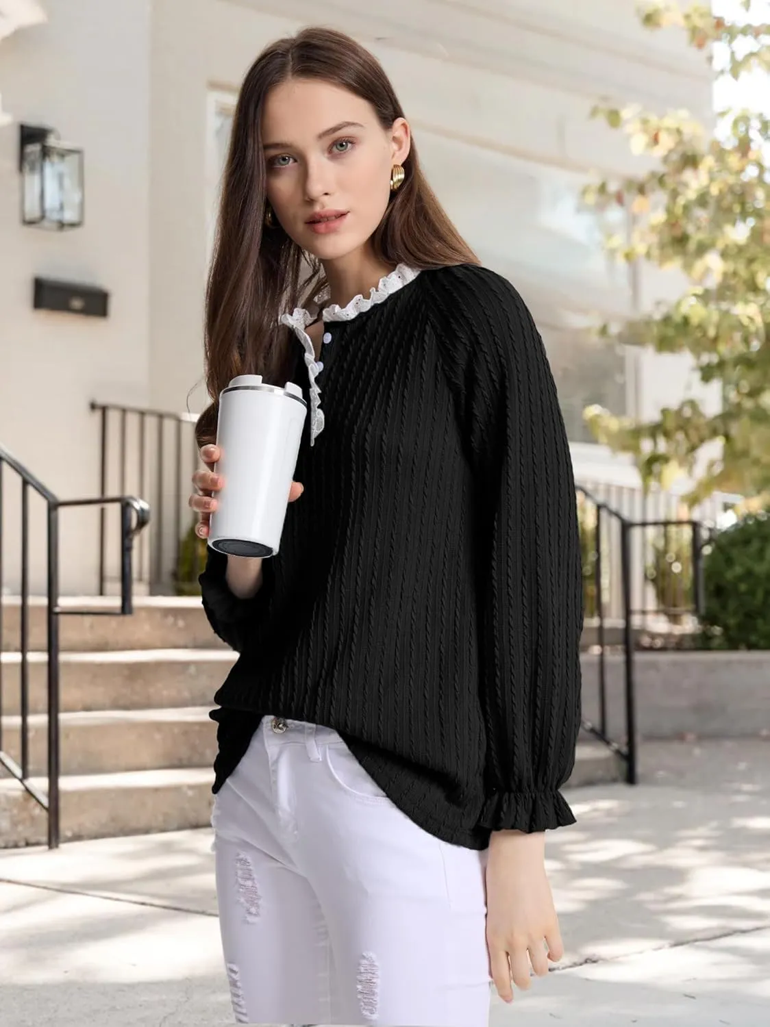 Women Lace Neck Tops Henley Shirts Button Down Tunic Long Sleeve Ruffle Cuffs Blouses Dressy Casual Fall Outfits
