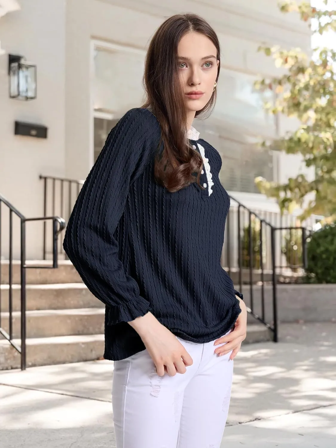 Women Lace Neck Tops Henley Shirts Button Down Tunic Long Sleeve Ruffle Cuffs Blouses Dressy Casual Fall Outfits
