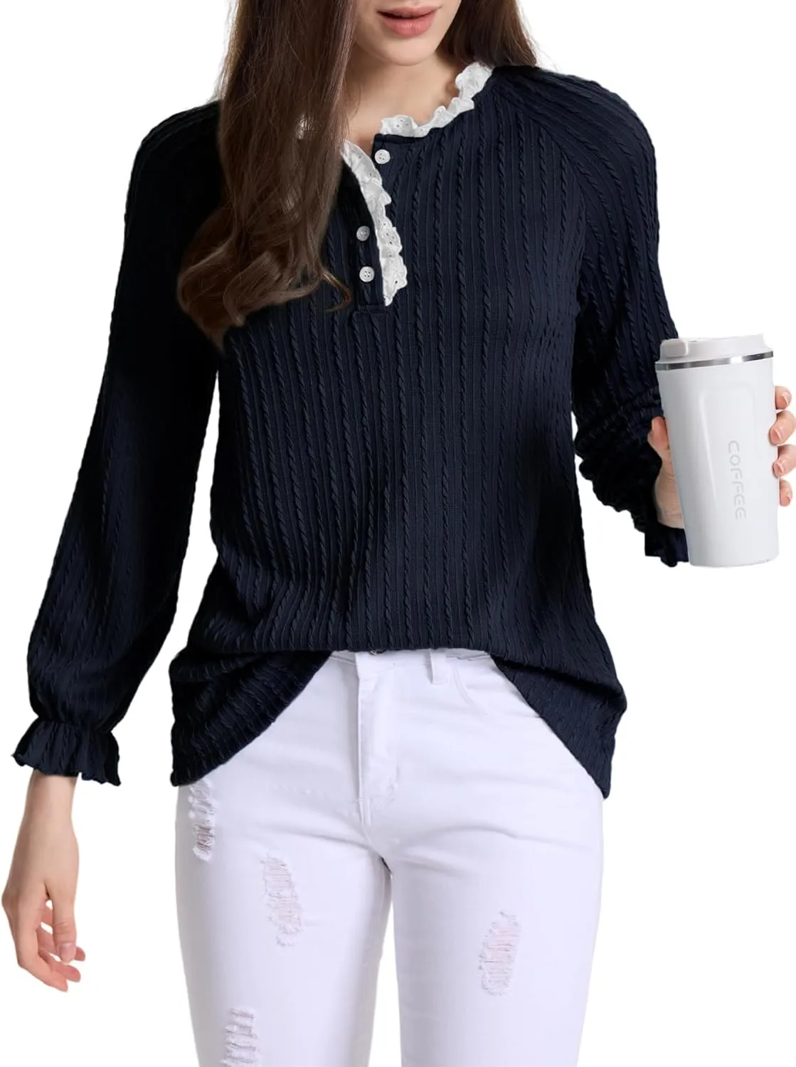 Women Lace Neck Tops Henley Shirts Button Down Tunic Long Sleeve Ruffle Cuffs Blouses Dressy Casual Fall Outfits