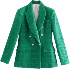 Women Tweed Blazers Vintage Double Breasted Fit Elegant Office Lady Jacket Outwears Tops