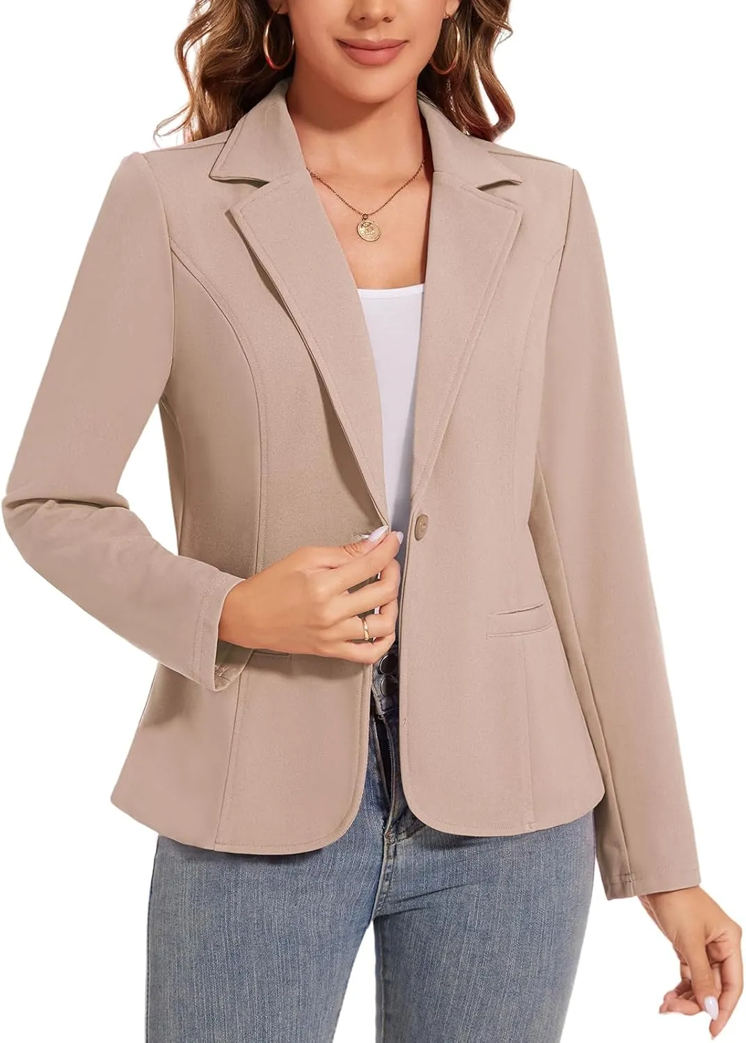 Women's Button Front Blazer Jackets Long Sleeve Lapel Business Casual Office Work Lightweight Blazers with Pocket