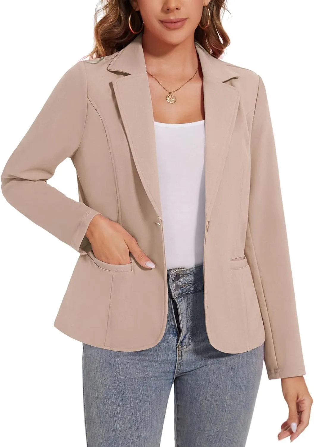 Women's Button Front Blazer Jackets Long Sleeve Lapel Business Casual Office Work Lightweight Blazers with Pocket