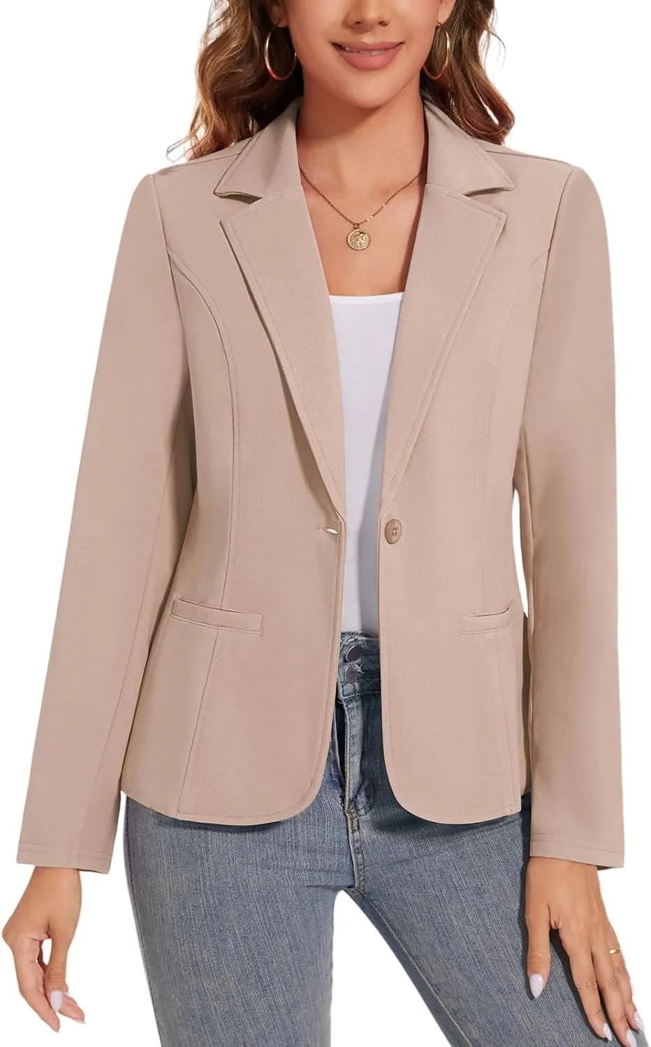 Women's Button Front Blazer Jackets Long Sleeve Lapel Business Casual Office Work Lightweight Blazers with Pocket
