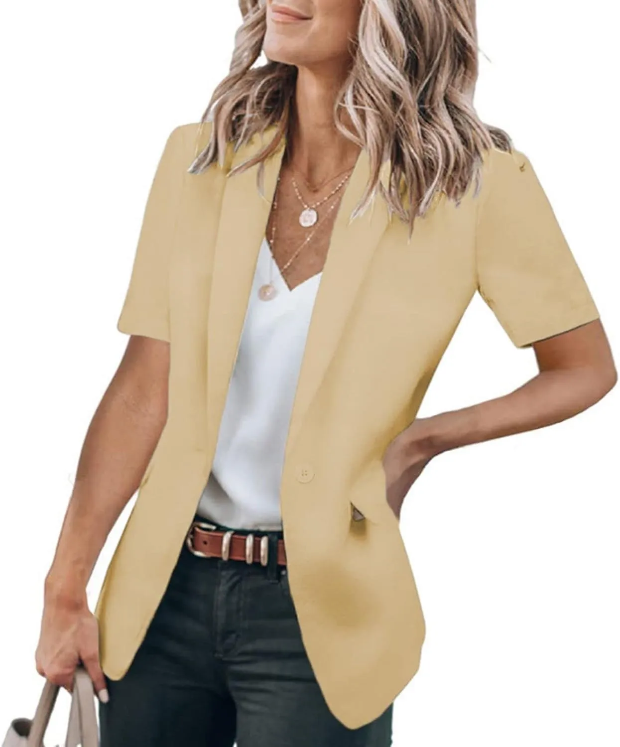 Women's Casual Blazer Short Sleeve Lapel One Button Solid Basic Summer Business Work Office Suit Jacket with Pockets