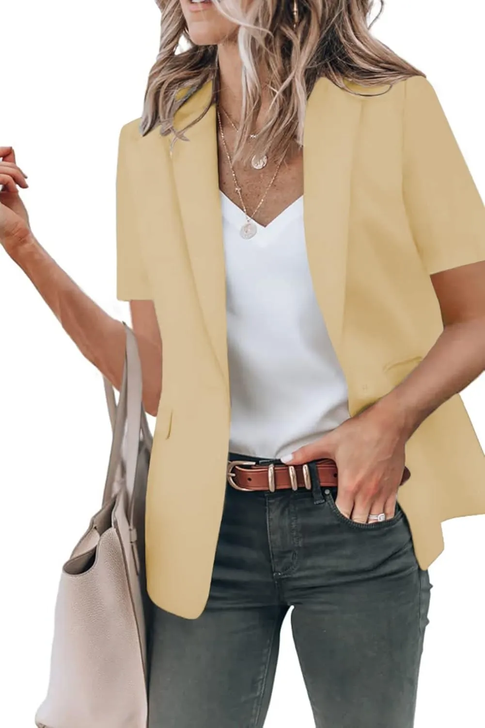 Women's Casual Blazer Short Sleeve Lapel One Button Solid Basic Summer Business Work Office Suit Jacket with Pockets