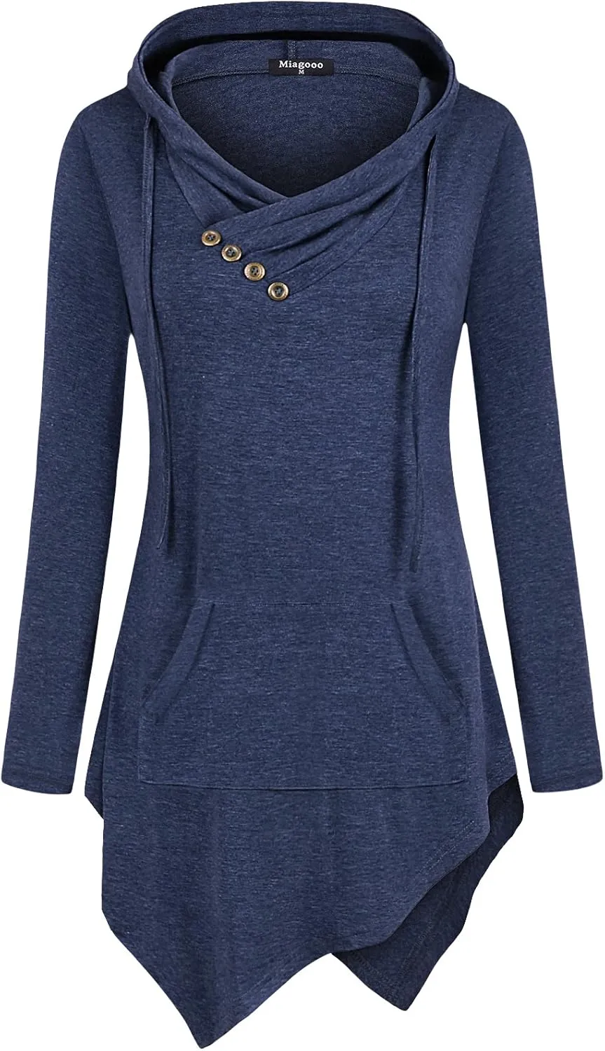 Womens Cross Neck Uneven Hemline Hoody Long Sleeve Loose Flare Tunic Henley
