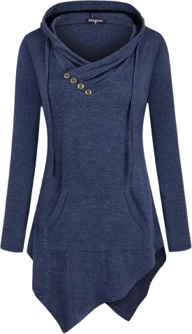 Womens Cross Neck Uneven Hemline Hoody Long Sleeve Loose Flare Tunic Henley