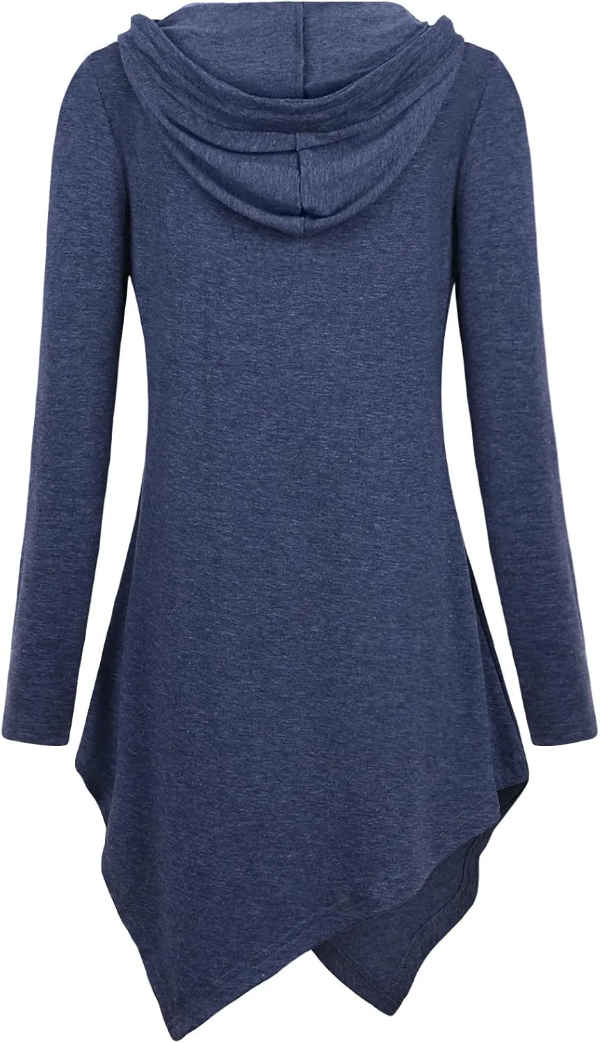 Womens Cross Neck Uneven Hemline Hoody Long Sleeve Loose Flare Tunic Henley