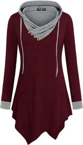 Womens Cross Neck Uneven Hemline Hoody Long Sleeve Loose Flare Tunic Henley