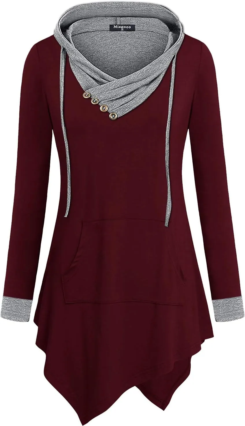 Womens Cross Neck Uneven Hemline Hoody Long Sleeve Loose Flare Tunic Henley