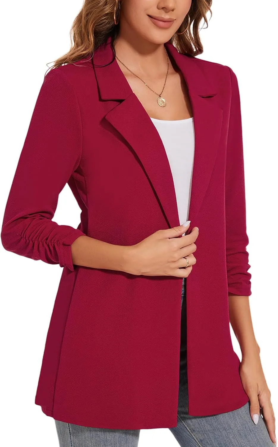 Women's Long Blazer Jackets Button Front Lapel Ruched 3/4 Sleeve Business Casual Office Work Lightweight Blazers